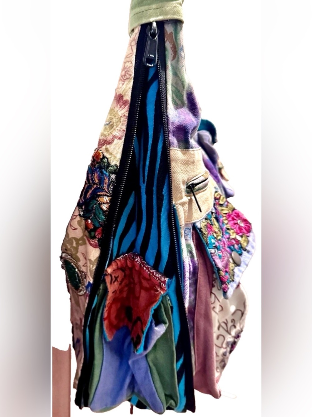 💙BLUE SKY💙 COTTON CANVAS LINEN TIE-DYE FLORAL EMBROIDERY 9 POCKET ZIP AROUND BAG - Picture 7 of 16